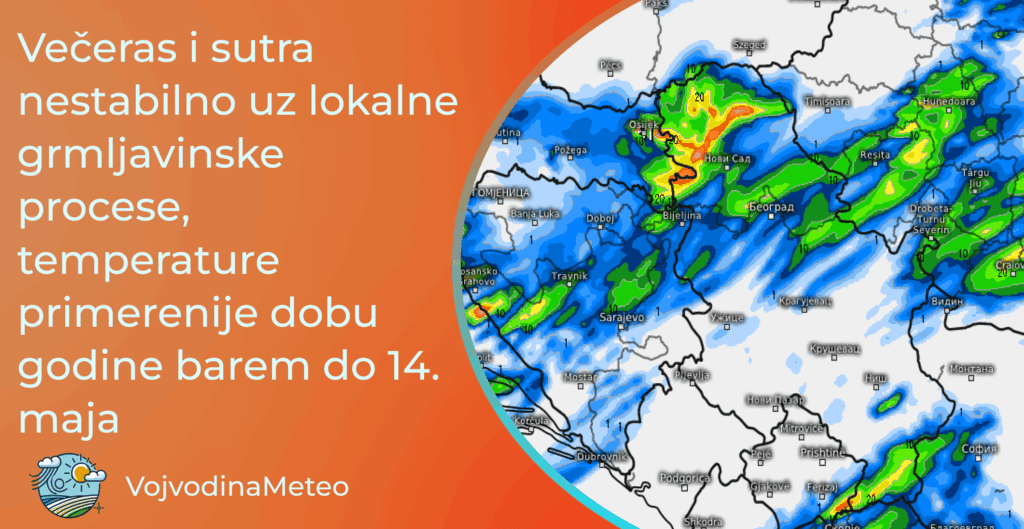 Najava vremena do kraja prve i početkom druge dekade maja (Mapa u pozadini: Pljuskovi i u utorak veče ; Izvor: meteologix.com)
