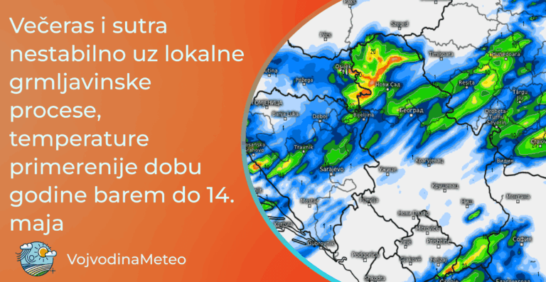 Najava vremena do kraja prve i početkom druge dekade maja (Mapa u pozadini: Pljuskovi i u utorak veče ; Izvor: meteologix.com)