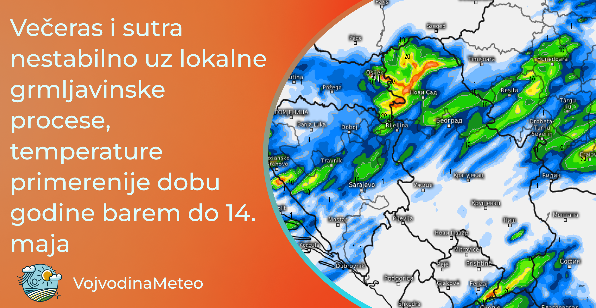 Najava vremena do kraja prve i početkom druge dekade maja (Mapa u pozadini: Pljuskovi i u utorak veče ; Izvor: meteologix.com)