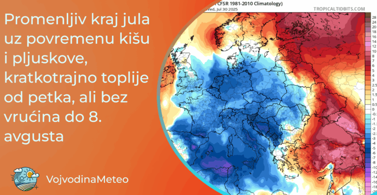 Najava vremena za sam kraj jula i veći deo prve dekade avgusta bez vrućina (Mapa: odstupanje T od normale GFS ; tropicaltidbits.com)