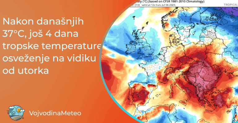 Tropske temperature do utorka uz prijatniju subotu (Mapa: odstupanje T850hPa u nedelju ; Izvor: tropicaltidbits.com