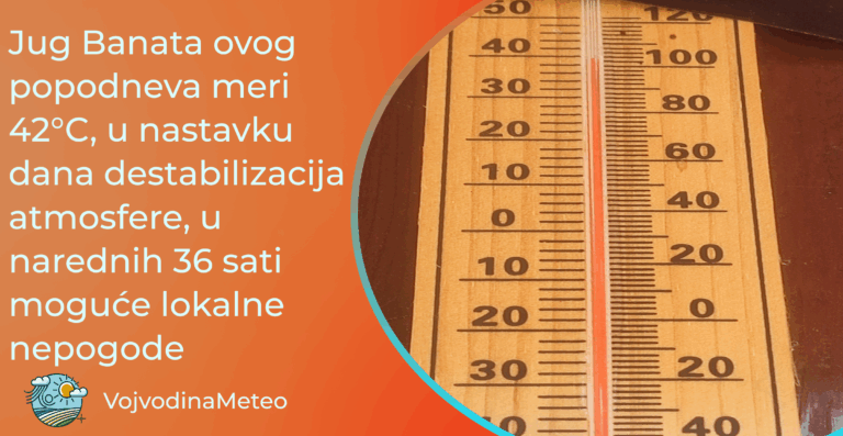 U toku potencijalno najtopliji dan u godini sledi destabilizacija uz pljuskove grmljavinu i lokalne nepogode (Foto termometra iz Vršca oko 11h: Olivera Kanacki)