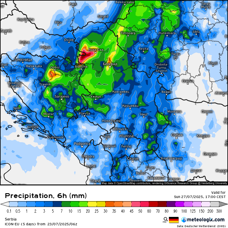 ICON-EU među raspoloženijim modelima za prostrane pljuskove sa grmljavinom u nedelju (Izvor: meteologix.com)