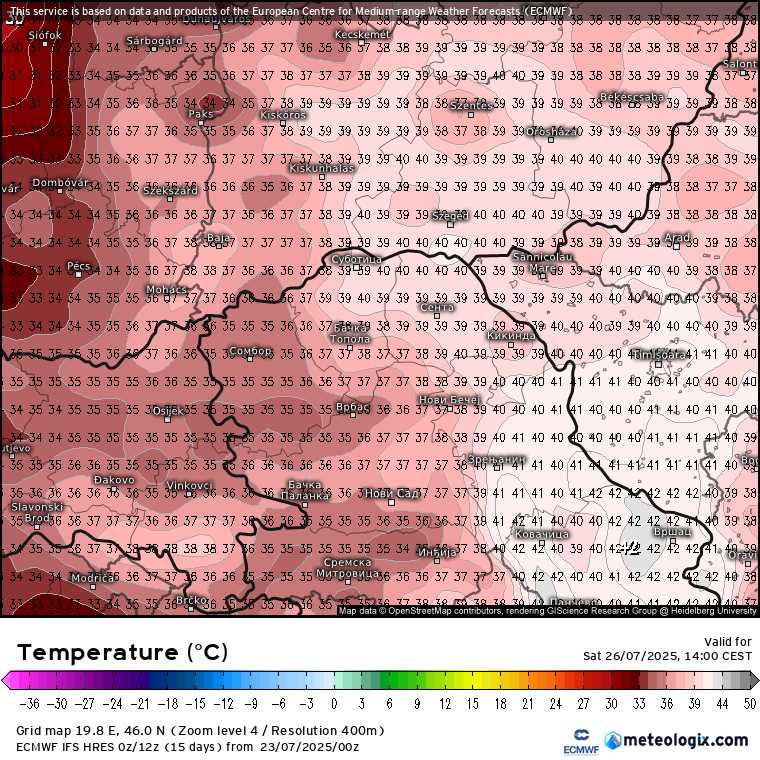 ECMWF (i još nekoliko modela) vide potencijal i za temperaturu oko 40°C u subotu u Vojvodini (Izvor: meteologix.com)