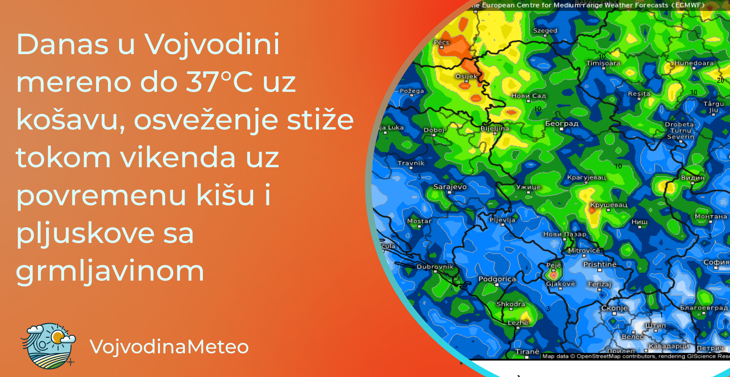 Promena vremena je blizu uz kišu i grmljavinu i prijatnije temperature od nedelje ; padavine tokom nedelje prema ECMWF modelu (Mapa: meteologix.com)