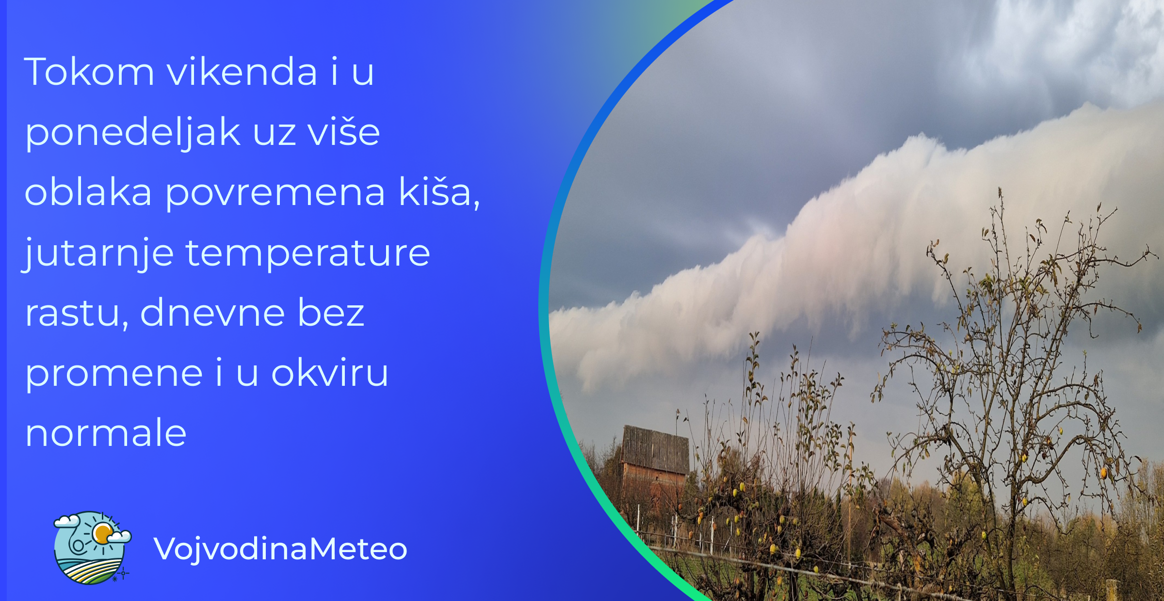 Tokom vikenda i u ponedeljak uz više oblaka povremena kiša, jutarnje temperature rastu, dnevne bez promene i u okviru normale